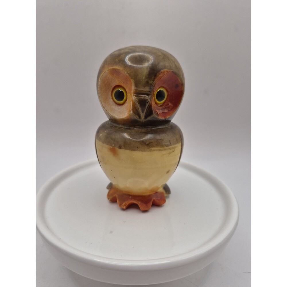 Vintage Alabaster Marble Owl Figurine Hand Painted by Ducceschi Made In Italy